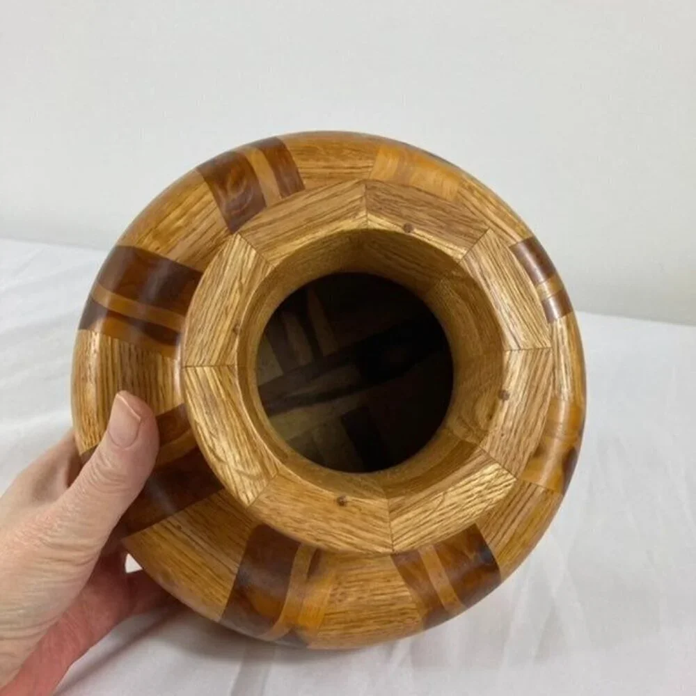 Vintage Mid Century Handcrafted Segmented Turned Wood Vase 6 x 9